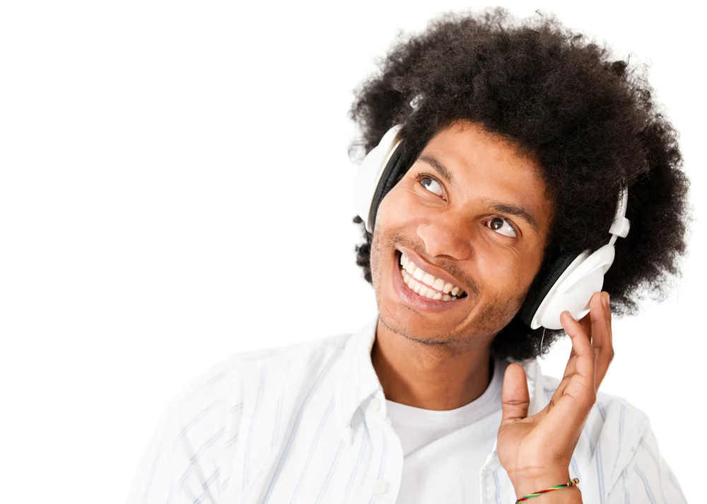 autism transition program | Thoughtful man listening to music isolated over a white background