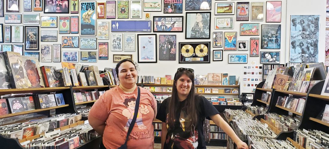 Two students at a record shop